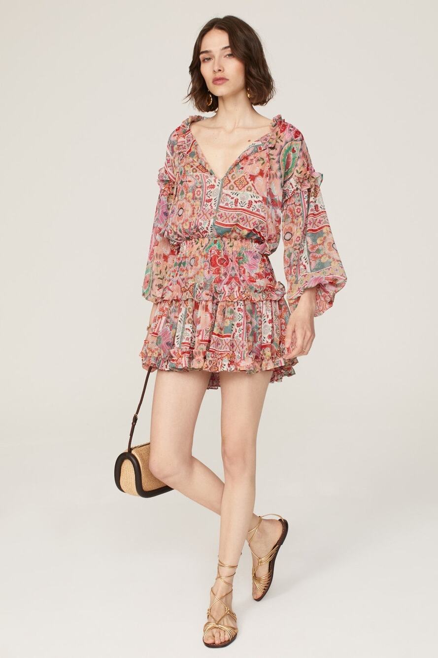 MISA Los Angeles Multicolored Metallic Split Neck Long Sleeve Elena Dress Size S